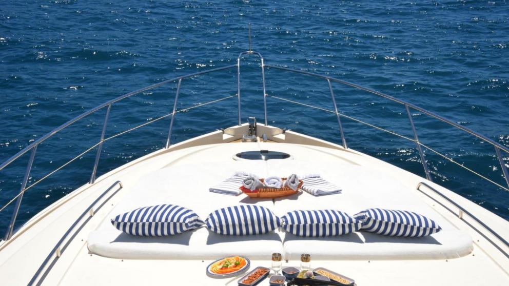 Recreation area on the bow of the yacht in sunny weather